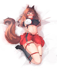 Rule 34 | 1girl, absurdres, animal ears, bdsm, blush, bondage, boots, bound, breasts, brown hair, collar, ehrrr, heart, high heel boots, high heels, highres, imaizumi kagerou, knee boots, large breasts, long hair, lying, midriff, miniskirt, navel, on back, red eyes, sex toy, shibari, skirt, solo, tail, touhou, vibrator, wolf ears, wolf tail
