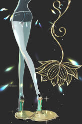 Rule 34 | 1other, ass, bare legs, black background, black footwear, colored shoe soles, flower, from behind, gem uniform (houseki no kuni), gold, head out of frame, high heels, highres, houseki no kuni, legs, liquid, lotus, lower body, nukumorineko, other focus, phosphophyllite, shorts, simple background, skin tight, solo, sparkle, stiletto heels, twitter username, walking