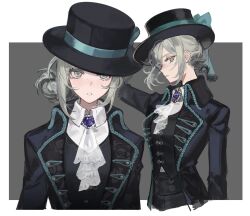 1girl ascot black_coat black_hat black_vest blue_bow boater_hat bow coat collared_shirt freckles green_eyes grey_hair hair_bun hat hat_bow high-waist_pants ing_(ing205509) looking_at_viewer multiple_views pants parted_lips purple_brooch reverse:1999 shirt single_side_bun upper_body vertin_(reverse:1999) vest white_ascot