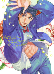Rule 34 | 1boy, abs, arms up, blue eyes, blue hair, blue jacket, blue pants, bow, bowtie, commentary request, flower, happy birthday, highres, jacket, jojo no kimyou na bouken, jonathan joestar, long sleeves, looking at viewer, male focus, muscular, muscular male, navel, official alternate costume, pants, phantom blood, red bow, red bowtie, red flower, shirt, short hair, smile, solo, takashi (huzakenna), unbuttoned, unbuttoned shirt, white shirt