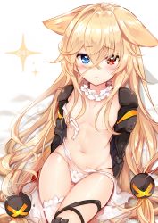 Rule 34 | 1girl, animal ears, asymmetrical legwear, bed sheet, blonde hair, blue eyes, blush, breasts, character name, closed mouth, commentary request, fukunoki tokuwa, g41 (girls&#039; frontline), girls&#039; frontline, hair between eyes, hair censor, hair ornament, heterochromia, highres, long hair, looking at viewer, low-tied long hair, navel, panties, red eyes, single thighhigh, sitting, small breasts, solo, sparkle, thighhighs, underwear, uneven legwear, very long hair, white panties, white thighhighs