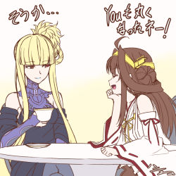 Rule 34 | 10s, 2girls, aoki hagane no arpeggio, blonde hair, brown hair, commentary, crossover, cup, double bun, dress, closed eyes, h-new, hair bun, hairband, japanese clothes, kantai collection, kongou (aoki hagane no arpeggio), kongou (kancolle), long hair, multiple girls, name connection, nontraditional miko, pantyhose, ponytail, red eyes, single hair bun, table, teacup, translated