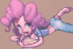 Rule 34 | 1girl, ass, barefoot, blue eyes, blue pants, blue shirt, bowl, brown background, chips (food), colored skin, conoghi, eating, food, hasbro, heart, heart print, holding, holding food, long hair, looking up, lying, midriff, my little pony, my little pony: equestria girls, my little pony: friendship is magic, open mouth, pajamas, pants, pink hair, pink skin, pinkie pie, potato chips, print shirt, raglan sleeves, shirt, short sleeves, teeth