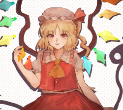 Rule 34 | 1girl, absurdres, ascot, blonde hair, bow, collarbone, cowboy shot, crystal, drop shadow, flandre scarlet, flat chest, hand up, hat, hat bow, highres, holding, holding polearm, holding weapon, laevatein (touhou), light blush, light smile, looking at viewer, matcha modoki (mutou 444), medium hair, mob cap, one side up, parted lips, pink hat, polearm, polka dot, polka dot background, puffy short sleeves, puffy sleeves, red bow, red eyes, red skirt, red vest, short sleeves, simple background, skirt, solo, touhou, vest, weapon, white background, wings, yellow ascot