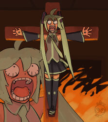 Rule 34 | 1girl, ahoge, artist name, black footwear, black skirt, boots, collared shirt, constricted pupils, crucifixion, detached sleeves, enel face (meme), fire, green hair, green necktie, grey shirt, hatsune miku, highres, long hair, looking up, meme, miniskirt, multiple views, necktie, open mouth, screaming, shirt, skirt, sleeveless, sleeveless shirt, soru ani, straight-on, teeth, thigh boots, tongue, twintails, very long hair, vocaloid, wide-eyed, zoom layer
