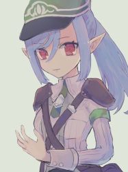 Rule 34 | 1girl, armband, blue hair, closed mouth, collared shirt, green armband, hat, highres, leather strap, long hair, looking at viewer, pointy ears, ponytail, red eyes, rune factory, rune factory 5, scarlett (rune factory), shirt, siraai20