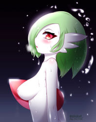 Rule 34 | 1girl, absurdres, akatori (redbird), artist name, blue background, blush, breasts, breath, colored skin, creatures (company), dated, female focus, from side, game freak, gardevoir, gen 3 pokemon, gradient background, green hair, hair over one eye, half-closed eyes, highres, inverted nipples, looking at viewer, looking to the side, medium breasts, nintendo, nipples, nude, open mouth, pokemon, pokemon (creature), profile, red eyes, shiny skin, short hair, simple background, solo, twitter username, upper body, water, watermark, wet, wet hair, white skin