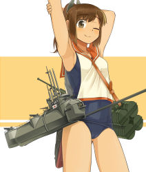 Rule 34 | 10s, 1girl, ;), armpits, brown eyes, brown hair, cowboy shot, highres, i-401 (kancolle), kantai collection, kazumania, looking at viewer, machinery, one eye closed, ponytail, school swimsuit, smile, solo, stretching, swimsuit, swimsuit under clothes, turret