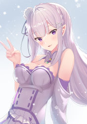 Rule 34 | 1girl, absurdres, bare shoulders, blunt bangs, blush, braid, breasts, cleavage, commentary request, crown braid, detached collar, detached sleeves, dress, emilia (re:zero), flower, french braid, frills, gem, grey dress, hair flower, hair ornament, hair ribbon, highres, large breasts, long hair, long sleeves, looking at viewer, open mouth, parted lips, pointy ears, purple eyes, purple ribbon, re:zero kara hajimeru isekai seikatsu, rei (ilust9999), ribbon, silver hair, smile, solo, upper body, v, x hair ornament