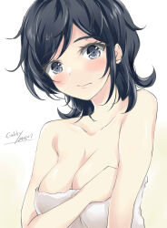 Rule 34 | 1girl, artist name, black hair, breasts, cleavage, dated, gakky, grey eyes, highres, kantai collection, looking at viewer, matsukaze (kancolle), medium breasts, naked towel, one-hour drawing challenge, short hair, simple background, solo, towel, upper body, white background, white towel