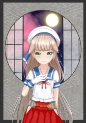Rule 34 | 1girl, blue sailor collar, cowboy shot, daichi (daiti1318), full moon, gloves, green eyes, grey hair, hand on own chest, hat, highres, hip vent, kantai collection, long hair, looking at viewer, low twintails, mikura (kancolle), moon, pleated skirt, puffy short sleeves, puffy sleeves, red skirt, sailor collar, sailor hat, sailor shirt, shirt, short sleeves, skirt, solo, twintails, white gloves, white shirt, window