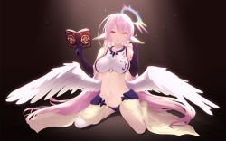 Rule 34 | 1girl, :o, bare legs, bare shoulders, black gloves, blush, book, breasts, bridal gauntlets, cait aron, collarbone, spiked halo, crop top, elbow gloves, feathered wings, gloves, halo, hand up, highres, holding, holding book, jibril (no game no life), large breasts, long hair, looking at viewer, low wings, navel, no game no life, o-ring, open book, open mouth, pink eyes, pink hair, revision, ringed eyes, sideboob, single elbow glove, single glove, sitting, solo, spotlight, stomach, straight hair, very long hair, waist cape, wariza, white wings, wings, yellow eyes