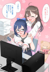 Rule 34 | 2girls, :d, a-chan (hololive), absurdres, ahoge, black shirt, blue bow, blue hair, bow, brown hair, chair, closed eyes, computer, dress, green eyes, hair ornament, highres, hololive, hug, hug from behind, long sleeves, monitor, mouse (computer), multiple girls, open mouth, paper stack, pink background, pink dress, shirt, short hair, sitting, smile, speech bubble, star (symbol), star hair ornament, stuffed animal, stuffed toy, sunao na kapipara, teddy bear, tokino sora, translation request, virtual youtuber