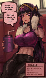 Rule 34 | 1girl, absurdres, black choker, breasts, character profile, choker, commentary, cup, drink, english commentary, english text, feet out of frame, fire emblem, fire emblem awakening, gym uniform, hair ornament, heart, heart choker, highres, holding, holding cup, large breasts, looking at viewer, midriff, navel, nintendo, purple hair, red eyes, saiykik, short hair, speech bubble, sports bra, sweat, tharja (fire emblem), towel, towel around neck