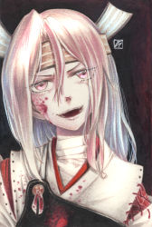 Rule 34 | 1girl, black background, blood, blood on face, blood on clothes, commentary, dark persona, evil smile, eyelashes, grey hair, hachimaki, head tilt, headband, highres, kantai collection, lips, long hair, looking at viewer, millipen (medium), muneate, open mouth, portrait, signature, smile, solo, tesun (g noh), traditional media, watercolor pencil (medium), zuihou (kancolle)