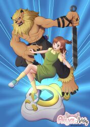 Rule 34 | 1boy, 1girl, belt, breasts, digimon, digimon (creature), digimon tamers, digivice, highres, holding, holding sword, holding weapon, katou juri, leomon, lion boy, medium breasts, muscular, muscular male, smile, sword, weapon