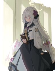 Rule 34 | 1girl, absurdres, angel wings, azusa (blue archive), black dress, blue archive, book, closed mouth, dress, feathered wings, flower, grey hair, hair flower, hair ornament, halo, highres, holding, holding book, jacket, long hair, long sleeves, open clothes, open jacket, purple eyes, purple flower, solo, takashima shoa, white jacket, white wings, wings, yellow halo