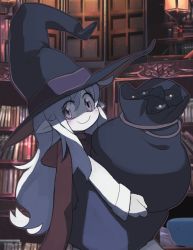 Rule 34 | 1girl, book, bookshelf, closed mouth, colored skin, crusaders quest, grey hat, hat, highres, holding, holding sack, long sleeves, looking at viewer, pointy ears, purple eyes, red scarf, sack, scarf, smile, solo, standing, white skin, whitebear, witch hat