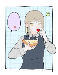 Rule 34 | ..., 1girl, blonde hair, bread slice, butter, chainsaw man, dress, earrings, fami (chainsaw man), food, fourth east high school uniform, fruit, green eyes, gurukousu, highres, holding, holding food, holding fruit, jewelry, looking at viewer, mole, mole under eye, multiple moles, pinafore dress, ringed eyes, school uniform, short hair, sleeveless, sleeveless dress, solo, strawberry, tassel, tassel earrings, toast