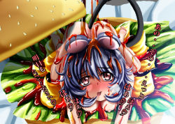 Rule 34 | 1girl, animal ears, bad id, bad pixiv id, blush, breasts, burger, female focus, food, grey hair, in food, kazuna, mini person, minigirl, mouse ears, mouse tail, nazrin, nude, red eyes, short hair, solo, tail, touhou, translation request