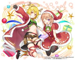 Rule 34 | 2014, 2017, 2girls, ;d, antlers, artist name, belt, black footwear, black gloves, black legwear, blonde hair, blush, boots, bow, box, brown hair, capelet, christmas, christmas ornaments, clenched hand, commentary request, company name, crossover, dress, english text, fingerless gloves, full body, fur trim, gift, gift box, gloves, gochuumon wa usagi desu ka?, green bow, hair between eyes, hairband, hat, head tilt, high heels, horns, hoto cocoa, jacket, kai-ri-sei million arthur, leg ribbon, legs up, long sleeves, looking at viewer, million arthur (series), multiple girls, navel, one eye closed, open mouth, outstretched arm, pantyhose, pouch, purple eyes, red bow, red dress, red eyes, red jacket, red ribbon, reindeer antlers, ribbon, santa costume, santa hat, smile, sparkle, star (symbol), tokki, touzoku arthur, v-shaped eyebrows, voice actor connection, watermark, white background, wrist cuffs