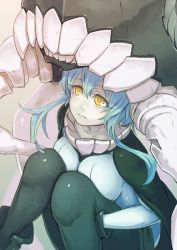 Rule 34 | 10s, 1girl, abyssal ship, black gloves, blue hair, bodysuit, breast press, breasts, gloves, hat, hugging own legs, kantai collection, long hair, pale skin, personification, wo-class aircraft carrier, yellow eyes, yuuji (and)