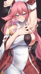 Rule 34 | 1girl, animal ears, arm behind head, arm up, armpits, bare shoulders, blouse, blush, breasts, detached sleeves, fox ears, genshin impact, grin, hair ornament, highres, japanese clothes, jewelry, kimono, large breasts, long hair, looking at viewer, maskwolf, necklace, pendant, pink hair, purple eyes, red skirt, shirt, sideboob, sidelocks, skirt, sleeveless, sleeveless kimono, sleeveless shirt, smile, solo, sweat, very long hair, white kimono, white shirt, wide sleeves, yae miko