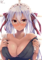 Rule 34 | 1girl, absurdres, black nails, blush, breasts, breasts day, brown eyes, cleavage, closed mouth, collarbone, dark-skinned female, dark skin, dated, glasses, hair ribbon, headdress, highres, kantai collection, large breasts, looking at viewer, mashiro yukiya, musashi (kancolle), musashi kai ni (kancolle), nail polish, red ribbon, ribbon, solo, undressing, upper body