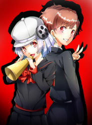 Rule 34 | 2girls, :d, absurdres, back-to-back, black jacket, black sailor collar, black shirt, black skirt, bow, bowtie, brown hair, grin, hat, highres, hikari (pq2), holding, jacket, long sleeves, looking at viewer, multiple girls, nakano maru, open mouth, persona, persona 3, persona 3 portable, persona q2: new cinema labyrinth, persona q (series), pleated skirt, red background, red bow, red eyes, red neckwear, sailor collar, shadow, shiomi kotone, shirt, short hair, silver hair, skirt, smile, v, white headwear