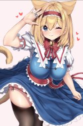 Rule 34 | 1girl, alice margatroid, animal ears, arm up, bell, black thighhighs, blonde hair, blue dress, blue eyes, blush, breasts, capelet, cat ears, cat girl, cat tail, closed mouth, clothes lift, commentary request, cowboy shot, dress, dress lift, eyes visible through hair, fang, frilled dress, frills, hairband, hand on own forehead, heart, highres, impossible clothes, impossible dress, jewelry, jingle bell, large breasts, leaning forward, lolita hairband, looking at viewer, medium hair, neck ribbon, one eye closed, onomiya, panties, pantyshot, puffy short sleeves, puffy sleeves, red hairband, red panties, ribbon, ring, short sleeves, side-tie panties, simple background, skin fang, smile, solo, standing, tail, thighhighs, thighs, touhou, underwear, zettai ryouiki