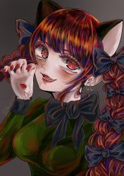 Rule 34 | 1girl, animal ears, black bow, bow, braid, cat ears, chesscure, claw pose, dress, earrings, extra ears, fangs, green dress, grey background, hair bow, highres, jewelry, kaenbyou rin, lipstick, long sleeves, looking at viewer, lower teeth only, makeup, nail polish, open mouth, pink nails, red eyes, red hair, red nails, simple background, solo, teeth, touhou, twin braids