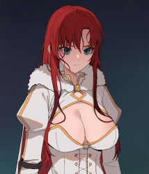 Rule 34 | 1girl, arm belt, blue background, blue eyes, boudica (fate), breasts, cape, cleavage, cleavage cutout, closed mouth, clothing cutout, dress, fate/grand order, fate (series), gradient background, hair between eyes, highres, jason kim, juliet sleeves, large breasts, long hair, long sleeves, looking at viewer, puffy sleeves, red hair, solo, upper body, very long hair, wet, wet hair, white dress
