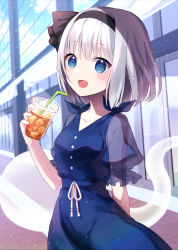 Rule 34 | 1girl, black hairband, blue dress, blue eyes, blue sky, bow, breasts, building, buttons, cloud, cloudy sky, dress, drink, ghost, glass, hair between eyes, hairband, hand up, highres, konpaku youmu, konpaku youmu (ghost), looking at viewer, medium breasts, myon (phrase), open mouth, plate, puffy short sleeves, puffy sleeves, reflection, road, see-through, see-through sleeves, short hair, short sleeves, silver hair, sky, skyscraper, smile, solo, suzuno naru, touhou, white bow