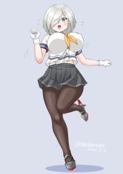 Rule 34 | 1girl, black pantyhose, blue eyes, bouncing breasts, breasts, commentary request, full body, gloves, grey background, grey skirt, hair ornament, hair over one eye, hairclip, hamakaze (kancolle), kantai collection, large breasts, looking at viewer, masara (chuujou), neckerchief, open mouth, pantyhose, pleated skirt, running, short hair, short sleeves, simple background, skirt, solo, white gloves, white hair, yellow neckerchief