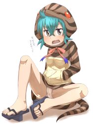 Rule 34 | 10s, bare legs, blue hair, bow, bowtie, commentary request, feet, hands in pockets, highres, hood, hoodie, kemono friends, open mouth, panties, pantyshot, sandals, short hair, sitting, snake tail, solo, striped, sweatdrop, tail, thin (suzuneya), toes, translation request, tsuchinoko (kemono friends), underwear