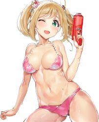 Rule 34 | 10s, 1girl, :d, absurdres, ame (uten cancel), bad id, bad twitter id, bare shoulders, bikini, blonde hair, blush, breasts, eyebrows, green eyes, hair ornament, highres, holding, idolmaster, idolmaster cinderella girls, large breasts, looking at viewer, navel, one eye closed, open mouth, pink bikini, sato shin, short hair, simple background, smile, solo, sweatdrop, swimsuit, water gun, wet, white background