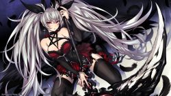 Rule 34 | 1girl, bare shoulders, black thighhighs, blush, breasts, cleavage, detached sleeves, earrings, fishine, garter straps, gothic lolita, highres, jewelry, kneeling, lolita fashion, long hair, nail polish, parted lips, red eyes, red nails, scythe, silver hair, solo, thighhighs, twintails, very long hair