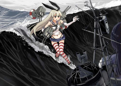 Rule 34 | 10s, 1girl, black panties, blonde hair, elbow gloves, gloves, highres, kantai collection, long hair, navel, nogami takeshi, open mouth, panties, personification, rensouhou-chan, shimakaze (kancolle), skirt, smile, solo, striped clothes, striped thighhighs, surfing, thighhighs, underwear, water, white gloves