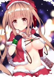 Rule 34 | 1girl, akiori koromo, black gloves, blonde hair, blush, breasts, capelet, christmas, fur trim, gloves, hat, kantai collection, large breasts, long hair, looking at viewer, messy hair, murasame (kancolle), navel, night, open clothes, red eyes, red skirt, santa hat, skirt, smile, solo, twintails, upper body