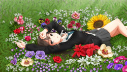 Rule 34 | 1girl, black hair, blue flower, blue pansy, commentary request, field, flower, flower field, ggxfan, green eyes, highres, idolmaster, idolmaster cinderella girls, jewelry, long hair, looking at viewer, lying, navel, necklace, necktie, pansy, parted lips, pleated skirt, purple flower, purple pansy, red flower, red pansy, rose, school uniform, shibuya rin, skirt, solo, sunflower, sunflower field, yellow flower, yellow pansy