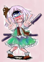 Rule 34 | 1girl, ahegao, bad id, bad pixiv id, blue eyes, blush, bobby socks, brown footwear, cum, cum in mouth, cum on tongue, cyclops, double v, fang, hair ribbon, konpaku youmu, loose necktie, monster girl, necktie, one-eyed, open mouth, pigeon-toed, pink background, pussy juice, ribbon, shoes, short hair, silver hair, simple background, skirt, so-ma, socks, solo, standing, tears, touhou, v