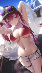 Rule 34 | 1girl, absurdres, armpits, arms up, aya (lezon), beach, bikini, bikini under clothes, breasts, cleavage cutout, clothing cutout, ear piercing, eyewear on head, grabbing, grabbing another&#039;s breast, hat, highres, hololive, houshou marine, houshou marine (summer), jewelry, large breasts, multicolored eyes, navel, necklace, o-ring, o-ring thigh strap, piercing, pirate ship, red bikini, red eyes, shorts, smile, solo focus, sunglasses, swimsuit, thigh strap, thighs, virtual youtuber, yellow eyes