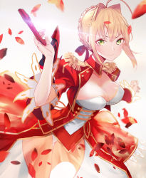 Rule 34 | 10s, 1girl, ahoge, blonde hair, braid, breasts, cleavage, closed mouth, commentary, dress, fate/extra, fate/grand order, fate (series), french braid, green eyes, highres, looking at viewer, medium breasts, nero claudius (fate), nero claudius (fate), nero claudius (fate/extra), red dress, shengkong (prank), short hair, solo, sword, weapon