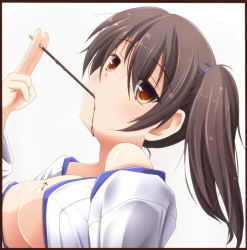 Rule 34 | 10s, 1girl, between fingers, blush, border, breasts, brown eyes, brown hair, chocolate, evandragon, food, highres, holding, kaga (kancolle), kantai collection, large breasts, off shoulder, open clothes, open shirt, pocky, pocky day, shirt, short hair, side ponytail, solo, upper body, white background