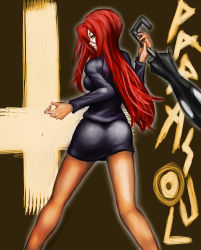 Rule 34 | 1girl, ass, bad id, bad pixiv id, bare legs, black background, ceramic man, from behind, hair over one eye, highres, huge ass, krieg (skullgirls), long hair, looking at viewer, parasoul (skullgirls), red hair, simple background, skirt, skullgirls, solo, sweater, umbrella, weapon, yellow eyes