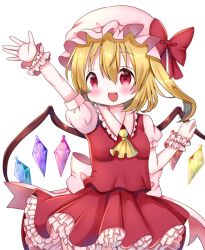 Rule 34 | 1girl, arm up, ascot, back bow, blonde hair, bow, breasts, chocolat (momoiro piano), collared shirt, cowboy shot, crystal, flandre scarlet, frilled shirt collar, frills, hair between eyes, hat, medium hair, mob cap, multicolored wings, one side up, petticoat, pink bow, pink hat, puffy short sleeves, puffy sleeves, red eyes, red skirt, red vest, shirt, short sleeves, simple background, skirt, skirt set, small breasts, solo, touhou, vest, white background, wings, wrist cuffs, yellow ascot