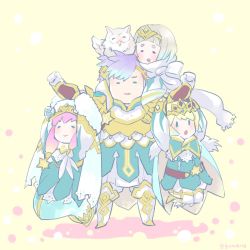 Rule 34 | 1boy, 3girls, armor, belt, blonde hair, blue dress, blue hair, brother and sister, cape, closed mouth, crown, dress, feh (fire emblem heroes), fire emblem, fire emblem heroes, fjorm (fire emblem), gloves, gunnthra (fire emblem), hair ornament, hanging on arm, hrid (fire emblem), long dress, long hair, long sleeves, multicolored hair, multiple girls, nintendo, open mouth, pink hair, qumaoto, short hair, siblings, simple background, sisters, smile, standing, twitter username, veil, white gloves, white hair, yellow background, ylgr (fire emblem)