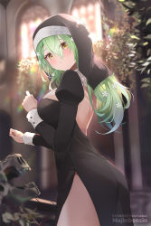 Rule 34 | 1girl, alternate costume, artist name, bare back, black dress, blurry, blurry background, breasts, ceres fauna, closed mouth, dress, flower, green hair, hair between eyes, hair flower, hair ornament, hololive, hololive english, large breasts, long hair, looking at viewer, mole, mole under eye, mujinbensin, nun, patreon username, solo, thighs, virtual youtuber, yellow eyes