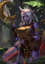 Rule 34 | 1girl, absurdres, armlet, breasts, cape, colored skin, earrings, covered erect nipples, closed eyes, highres, holding, holding staff, hoop earrings, horns, hou akira, jewelry, large breasts, leaf, league of legends, long hair, outdoors, pointy ears, ponytail, pouch, purple skin, red cape, sideboob, single horn, solo, soraka (league of legends), staff, standing, tattoo, very long hair, white hair