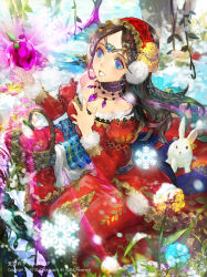 Rule 34 | 1girl, :d, apple, bad id, bad pixiv id, basket, black hair, blue eyes, rabbit, crystal, dated, dress, flower, food, fruit, hairband, hand on own chest, holding, jewelry, long hair, lots of jewelry, necklace, open mouth, sitting, smile, snow white, snow white (grimm), snow white and the seven dwarfs, solo, tenkuu no crystalia, tob, tree, watermark